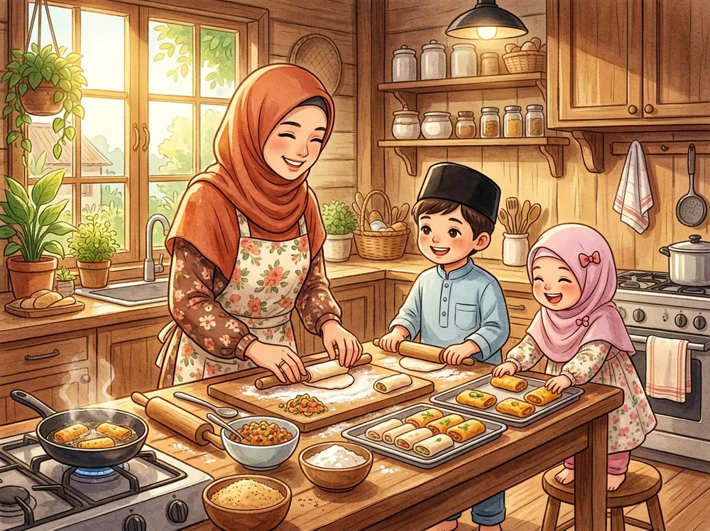 Umma bersama dua anaknya membuat risol homemade di dapur rumahan Umma Tabi